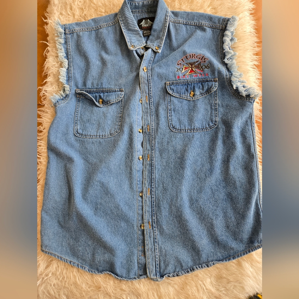 Sturgis Bike Week 2006 Blue Denim Sleeveless Button-Down Shirt Back Graphic - Picture 4 of 7